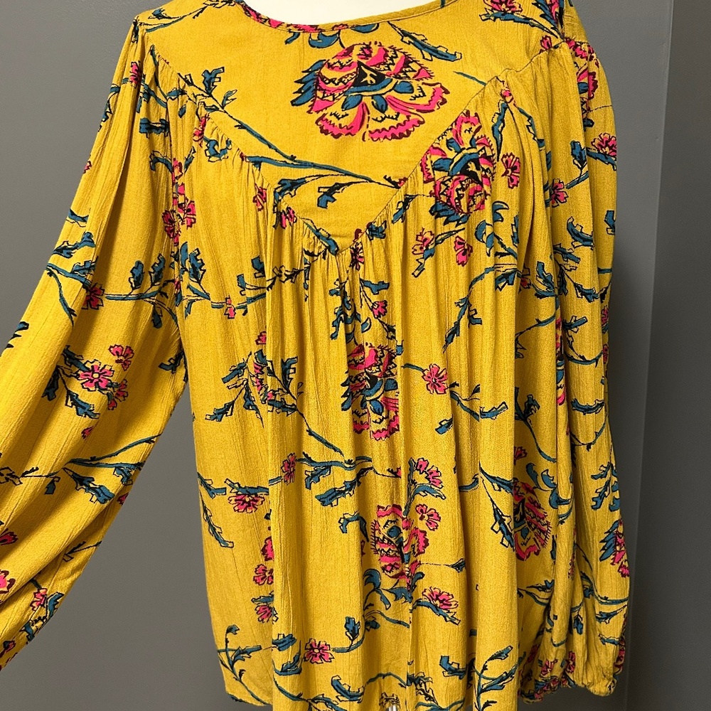 Knox Rose Womens Shirt Blouse Peasant Boho Mustard Yellow Pink Teal Sz 1X EUC